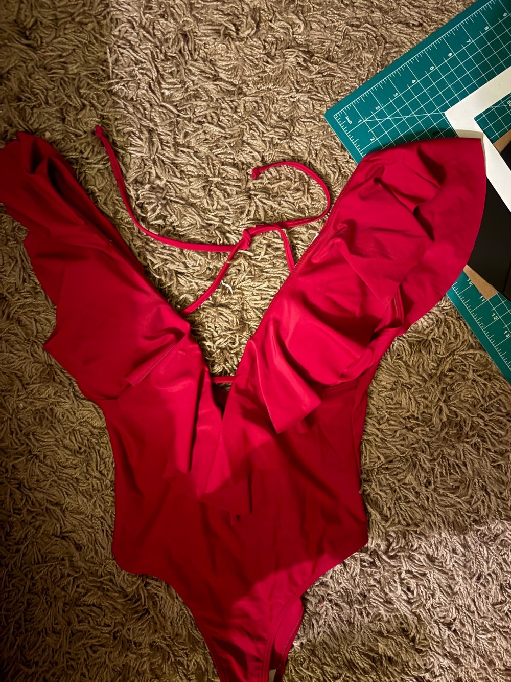 Red Ruffle V-Neck One-Piece Swimsuit - Picture 1 of 3